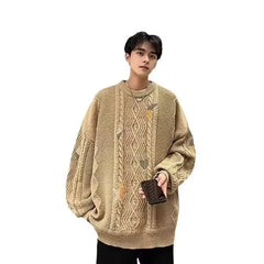 HEARUJOY  -  Retro Japanese Style Knitted Sweater for Men with Braided Design And Embroidery Oversize Lazy Style New Autumn Winter Collection