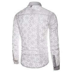 HEARUJOY  -  Shirts Sexy Lace Hollow Out Cardigan Turn Down Collar Men Single Breasted Shirt Long Sleeve High Street Button New Summer