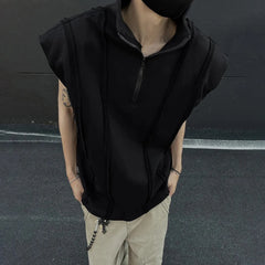 HEARUJOY  -  Mens Half Zipper Shoulder Pad Vest Streetwear Fashion Stand Collar Plain Personality Sleeveless Top Men'S Clothing 2025 New