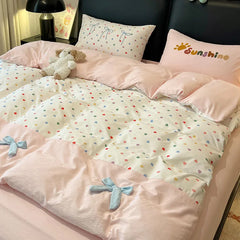 YICKYUE  -  Girl Princess Style Pure Cotton Bedding Set Soft Sleep Naked Bow Bedclothes for Bedroom French Bed Decoration for Four Seasons