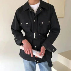Hearujoy Mens Casual British Lace-Up Short Jacket Autumn Genderless Fashion Elegant Retro Multi-Pocket Metal Decorated Jacket Unisex
