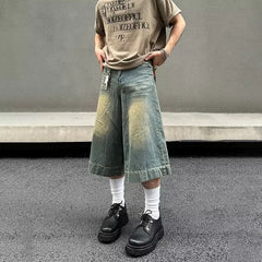 HEARUJOY  -  Summer Trend Denim Cropped Trousers Mens American Hip Hop Washed Wide Leg Shorts Unisex  High Street Straight Cowboy Mid Pants