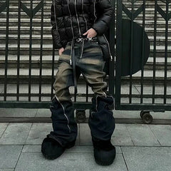 Hearujoy Ro Ribbons Double Zipper Gradient Baggy Flare Jeans Pants Mens Streetwear Ropa Hombre Casual Denim Trousers Loose Cargo Pants