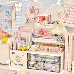 YICKYUE  -  Desktop Hole Board Storage Box Desk Organizer Girls Cute Pen Holder Storage Stationary Rack Korean Kawaii Bunny Cosmetic Shelf