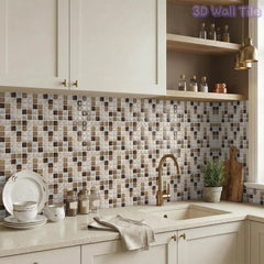 YICKYUE  -  Brown & Beige Marble Mosaic Tile Stickers, Waterproof 3D Self-Adhesive Wall Decals for Kitchen & Bathroom Backsplash, Removable