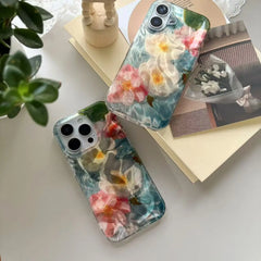 YICKYUE  -  Pink White Camellia Reflected Dazzling Water Ripple Camlet Silk Glacial Texture Cover Case for iPhone 12 13 14 15 16 17 Pro Max