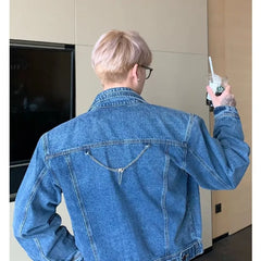 HEARUJOY  -  Blue Retro Denim Jacket Mens Spring Korean Washed Double Layered Collar Cowboy Coats Pockets Loose Hip Hop Outwear Y2K