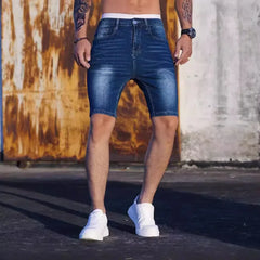 HEARUJOY  -  Men New Denim Shorts Knee Length Shorts Zipper Fly Solid Mid Waist Summer Spliced Pockets Casual Distressed Washed Skinny 2025