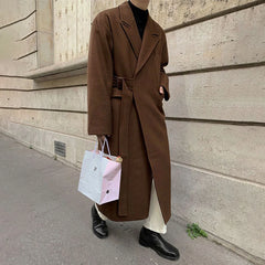 Hearujoy Mens Autumn Winter Mid-Length Thick Woolen Coat Essential Retro Elegant Korean Trendy Loose Strappy Windbreaker Woolen Coat