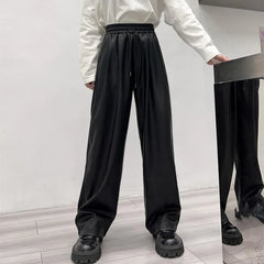Hearujoy Casual Drawstring PU Leather Long Pants Men Trousers Spring Fall  Loose Y2k Elastic Waist Straight Wide Leg Faux Leather Pants