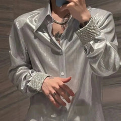 Hearujoy Mens Nightclub Shiny Personalized Non-Diamond Shirt Autumn Winter Genderless Korean Style Fashion Versatile Long-Sleeve Shirt