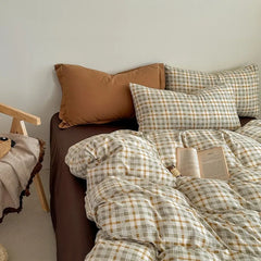 YICKYUE  -  Plaid printing skin-friendly and comfortable double-layer yarn small fresh printing four-piece set, dormitory