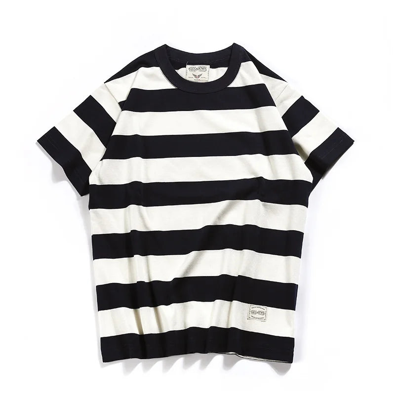 HEARUJOY  -  Heavyweight Pure Cotton Round Neck T-shirt for Men Locomotive Styles Streetwear Summer Casual Men Short Sleeve Stripe Tshirt Top