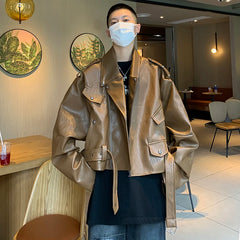 Hearujoy American Brown Rivet Leather Jacket Men's Chinese High Street Design High-end Fashion Handsome Short Motorcycle Jacket Aesthetic