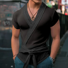 HEARUJOY  -  Men Shirt Lace Patchwork V Neck Summer Short Sleeve Streetwear Men Clothing With Belt Lace Up Fashion Male Shirts S-5XL