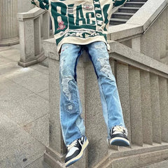 HEARUJOY  -  Hole Ripped Straight Baggy Men Flare Jeans Pants Patchwork Distressed Washed Vintage Loose Punk Denim Trousers