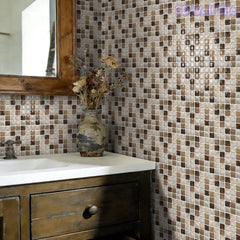 YICKYUE  -  Brown & Beige Marble Mosaic Tile Stickers, Waterproof 3D Self-Adhesive Wall Decals for Kitchen & Bathroom Backsplash, Removable