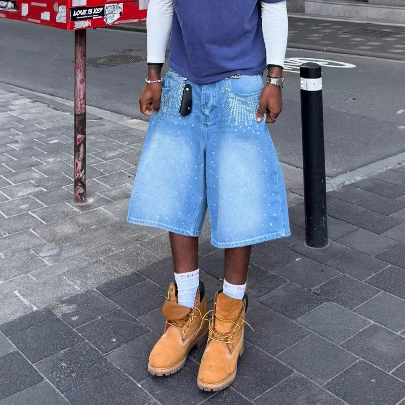 HEARUJOY  -  Streetwear Mens Womens Vintage Rhinestone Sequin Denim Shorts Y2K Jeans Hip Hop Washed Baggy Jeans Low Rise Over The Knee Pants