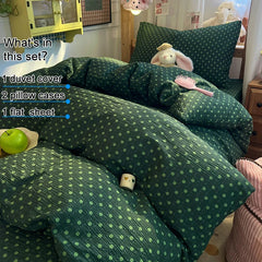YICKYUE  -  Dark‑Green Polka‑Dot Bubble Crinkle Microfiber Bedding Set,1 Duvet Cover,1 Flat Sheet & 2 Pillowcases,Soft Breathable Bed Linens