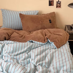 YICKYUE  -  Simple Style Bedding Set Milk Velvet Nordic Striped Duvet Cover Set+Bed Sheet Twin Queen Winter Home Bed Linens Drop Shipping