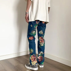 HEARUJOY  -  Y2K Fashion Flowers Print Slim Hip Hop Jeans Pants For Men Clothing Skateboard Streetwear New Rock Denim Trousers