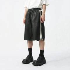 Hearujoy Men's PU Leather Shorts Casual Summer Side White Stripes Fashion Trend Elastic Waist Loose Male Chaparejos 9C5679