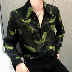 Hearujoy Mens Sexy Feather Embroidery Mesh See-Through Thin Shirt Autumn Genderless Fashion Nightclub Hollow Shoulder Pad Shirt Unisex