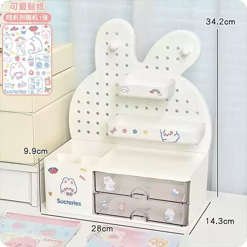 YICKYUE  -  Desktop Hole Board Storage Box Desk Organizer Girls Cute Pen Holder Storage Stationary Rack Korean Kawaii Bunny Cosmetic Shelf
