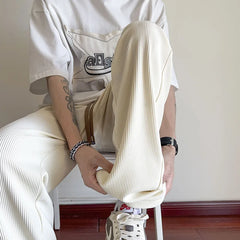 HEARUJOY  -  Summer Casual Pants Men Fashion Straight Ice Silk Pants Men Streetwear Hip-hop Loose Pleated Pants Mens Beige Trousers M-3XL