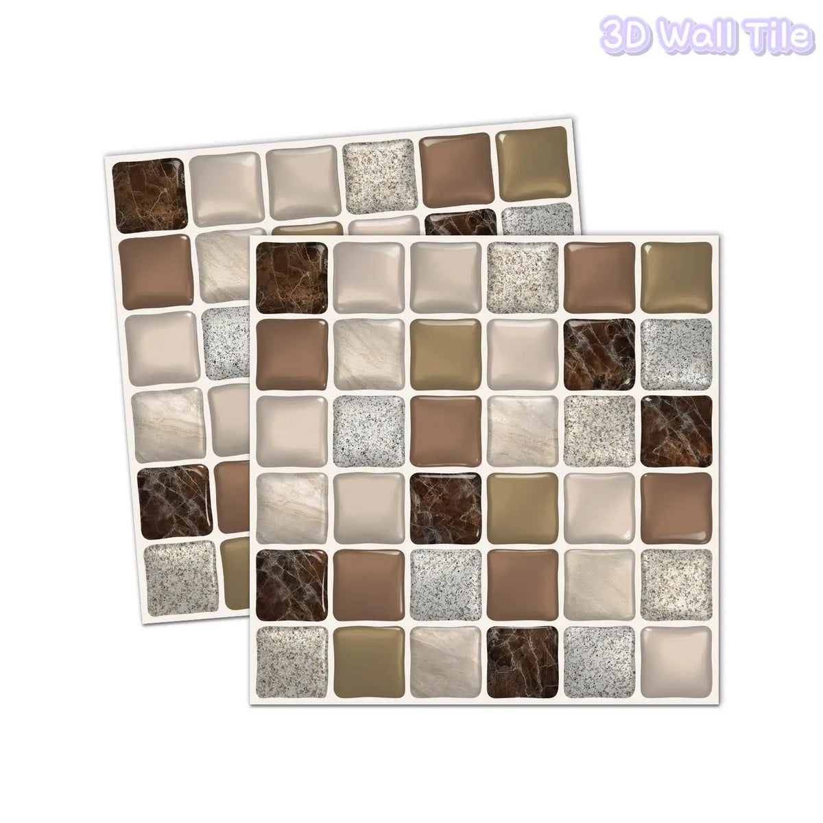 YICKYUE  -  Brown & Beige Marble Mosaic Tile Stickers, Waterproof 3D Self-Adhesive Wall Decals for Kitchen & Bathroom Backsplash, Removable