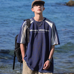 HEARUJOY  -  Streetwear Men Patchwork Striped Design T-shirt Unisex New in Summer Loose Fit American Vintage Casual Round Neck TopsTees