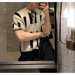 HEARUJOY  -  Men's Beige Black Geometric Striped Knit T-shirt Crew Neck Short Sleeve Casual Slim Fit Top For Daily Streetwear