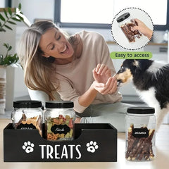 YICKYUE  -  Natural Wooden Pet Snack Box with 3 Sealed Plastic Containers - Airproof Cat & Dog Food Storage Organizer