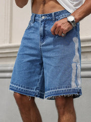 HEARUJOY  -  Men's summer denim shorts. Blue wide-leg denim shorts. Street fashion. Daily casual. The fit is loose and comfortable.