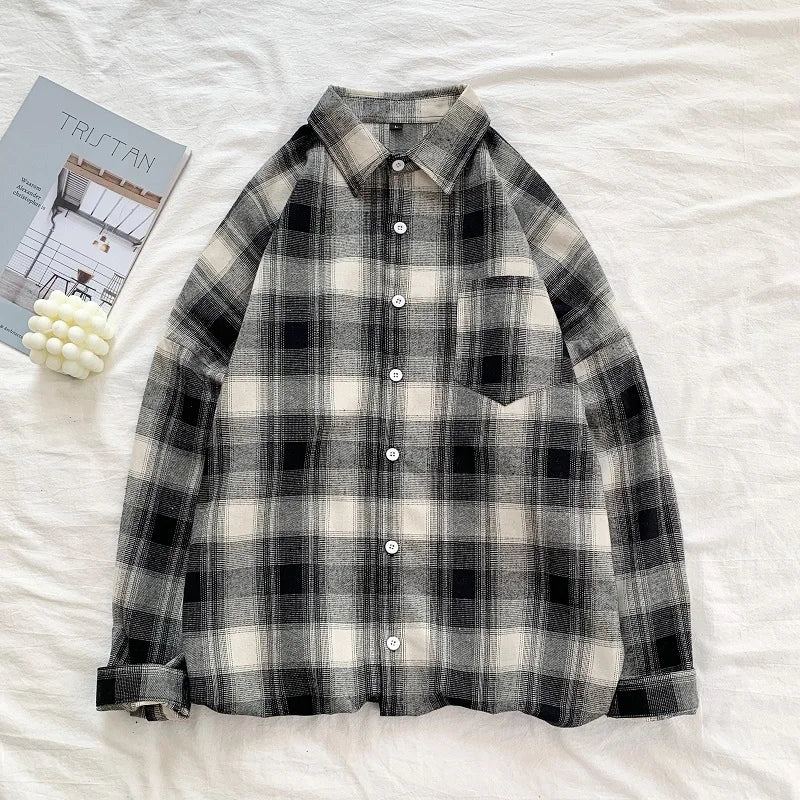 HEARUJOY  -  Black White Classic Plaid Long Sleeve Loose Men's Shirt American Style Retro Versatile Spring Autumn Outerwear Coat for Men Tops