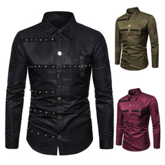 Hearujoy Mens Punk Rivet Gothic Style Long Sleeve Shirt 2024 New Genderless Fashion Youth Individuality Retro Solid Color Shirt Unisex