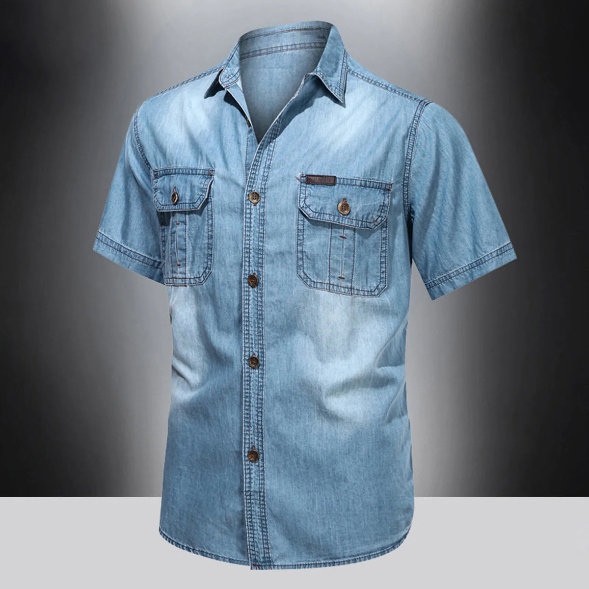 HEARUJOY  -  Vintage Street Denim Shirts For Men Male Summer Solid Shirt Short Sleeve Pocket Turn Down Button Shirt Hemden FüR MäNner