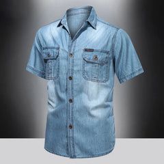 HEARUJOY  -  Vintage Street Denim Shirts For Men Male Summer Solid Shirt Short Sleeve Pocket Turn Down Button Shirt Hemden FüR MäNner