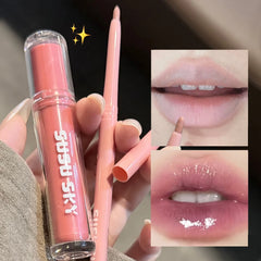 YICKYUE  -  2Pcs Grey Purple Mist Lip Makeup Set Matte Velvet Lip Gloss Lipliner Combo Plumping Long-lasting Non-drying Nude Peach Lip Glaze