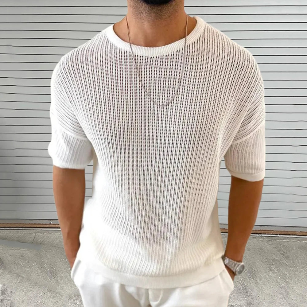 HEARUJOY  -  Summer New Men's Solid Color Knitted Hollow Short-Sleeved T-Shirt Retro Fashion Trend Casual Simple Daily Breathable Men's Tops