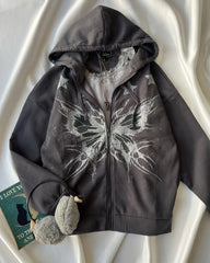 HEARUJOY  -  High street American y2k butterfly pattern print retro zipper hoodie women's casual loose and versatile couple goth sweatshirt