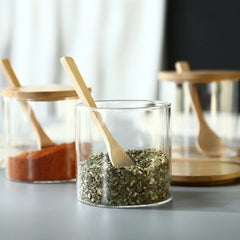 YICKYUE  -  3Pcs Condiment Jars Set Clear Glass Bamboo Lid Spice Jar with Spoon Kitchen Sugar Salt Spices Storage Box Household Container