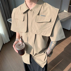 Hearujoy New Trend Zipper Deconstructed Shawl Design Overalls Men Shirt 2024 Street Niche Solid Pocket Male Y2k Tops Camisa Para Hombre