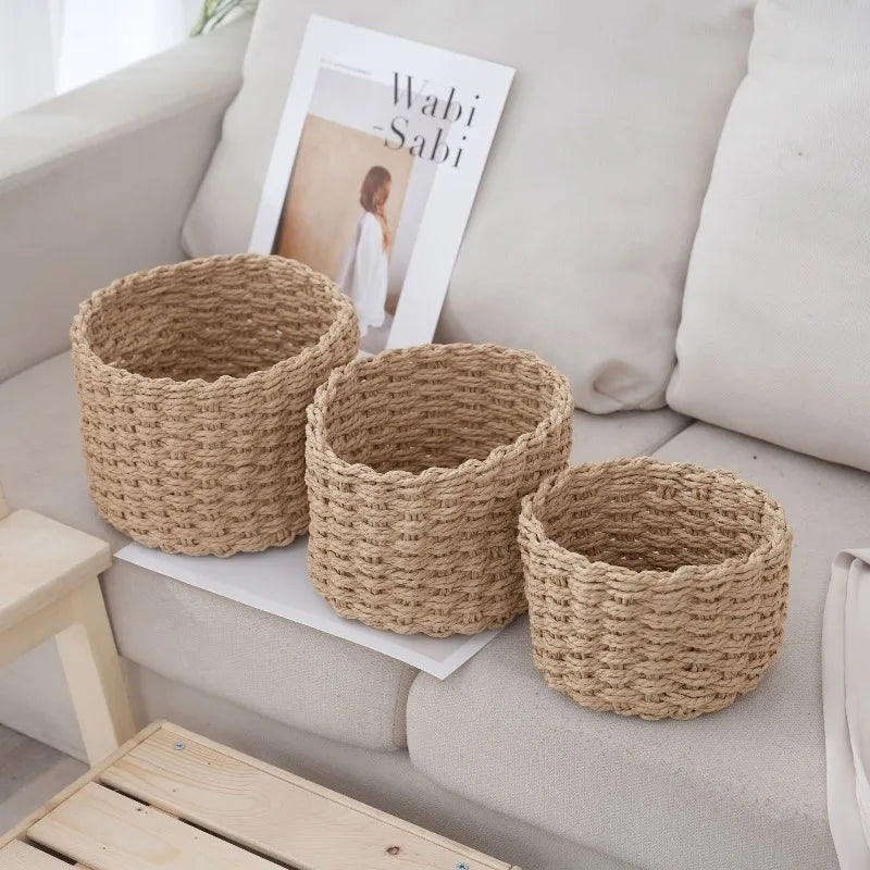 YICKYUE  -  3pcs Set Cylindrical Paper Rope Woven Storage Baskets for Various Storage and Organization Scenarios Desk Cosmetic Organization