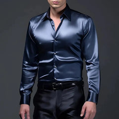 HEARUJOY  -  Men's Solid Color Shiny Long-Sleeved Shirt Retro Fashion American Trend Street Loose Niche Party Performance Summer Men's Tops