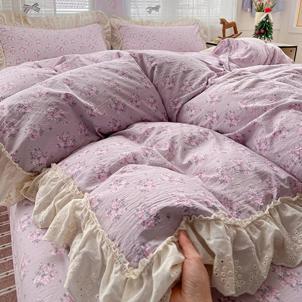 YICKYUE  -  French Korean Style Butterfly Lace Bedding Set and Components Soft Cotton Duvet Cover Set Bed Sheet Pillowcases for Bedroom