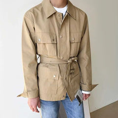 Hearujoy Mens Casual British Lace-Up Short Jacket Autumn Genderless Fashion Elegant Retro Multi-Pocket Metal Decorated Jacket Unisex