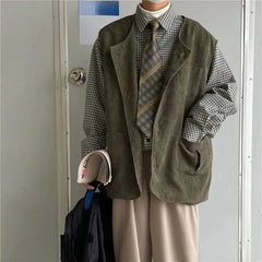 HEARUJOY  -  Spring Autumn Retro Japanese Corduroy Vest for Men Collarless Versatile Casual Jacket Trendy Layering Outerwear