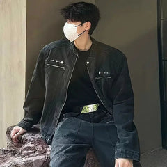 HEARUJOY  -  Male Denim Jackets High Street Shoulder Pad Design Patchwork Solid Men Short Coats American Style Loose Short Outwear Zipper