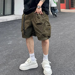 Hearujoy Summer Mens Workwear Shorts Simple American Style Retro Solid Color Loose Creativity Pockets Versatile Casual Daily Shorts
